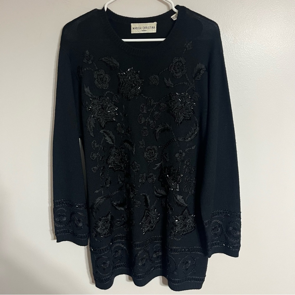 Marisa Christina Woman Black Beaded Floral Embroidered Wool Blend Sweater 1X